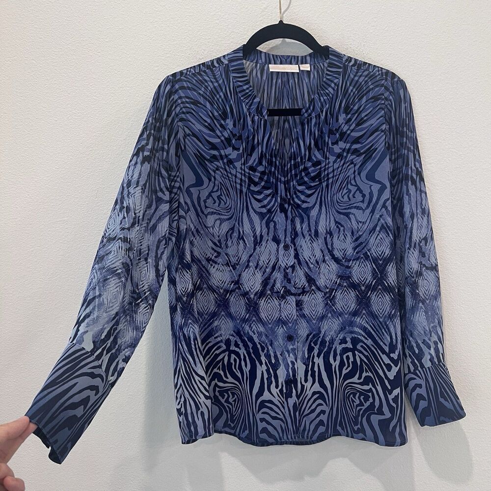 Belle By Kim Gravel Boho Popover Top Flowy Semi Sheer Blue Animal Print Size M